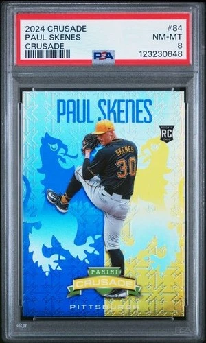 PAUL SKENES 2024 Panini Crusade BLUE/YELLOW Prizm Rookie #84 PSA 8 NM-MT *ke