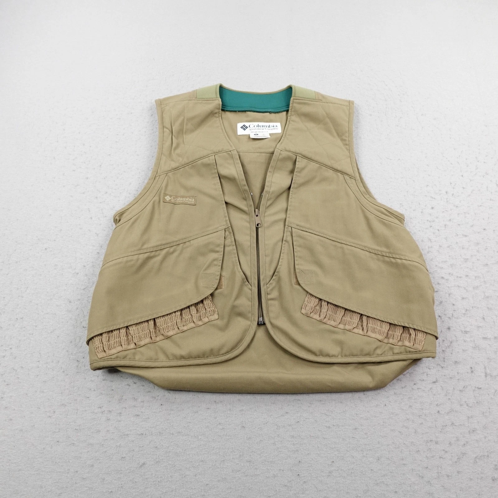 Vintage Columbia Vest Mens Medium Beige Tan Hunting Shooting Game Pouch Full Zip