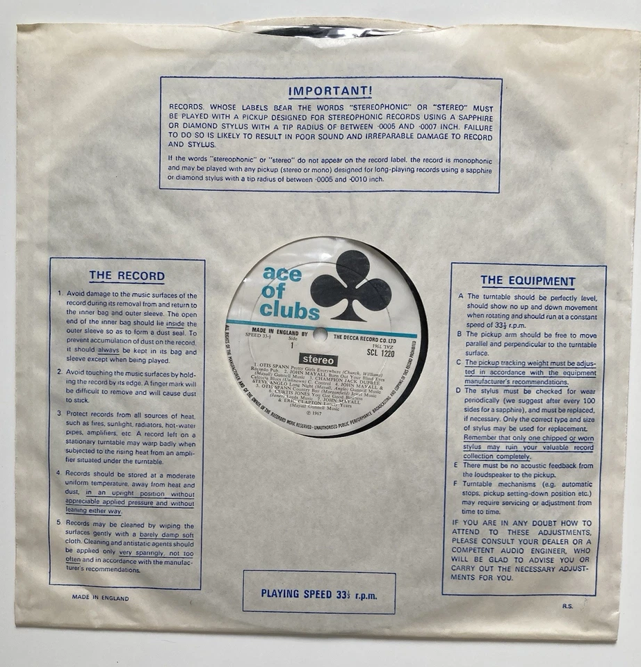 Various Raw Blues Ace Of Clubs Vinyl LP Record SCL 1220 Eric Clapton John Mayall - Image 4 of 4