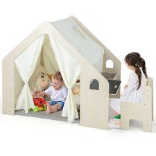 6-in-1 Kids Playhouse Wooden Indoor Play Tent w/ Blackboard Desk Table Chair