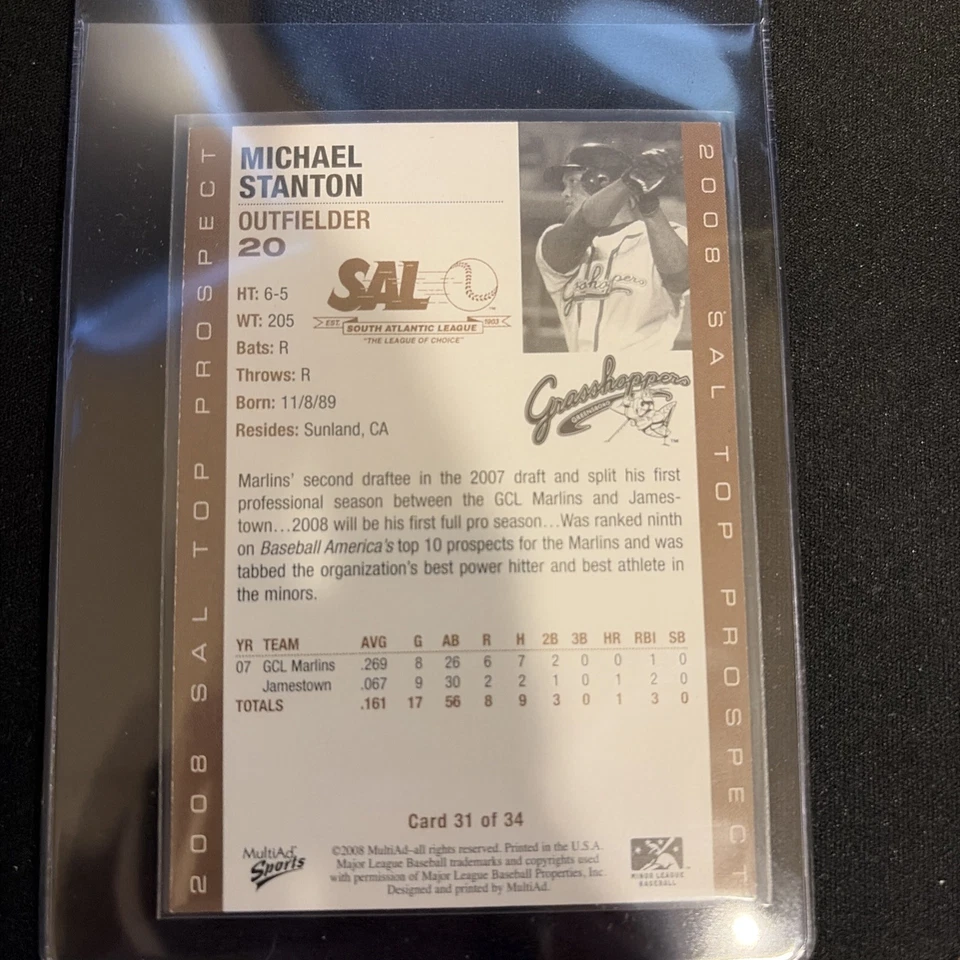  2008 SAL Top Prospect - Майкл Джанкарло Стэнтон No20 - Кузнечики Гринсборо - Изображение 2 из 2