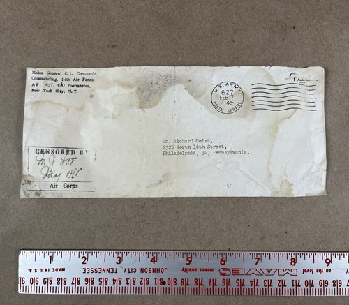 1945 WWII AVG Flying Tigers MG C. L. Chennault Commanding 14th Addressed Envelop