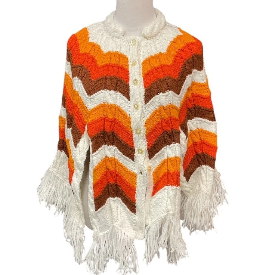 70's Groovy Knit Shawl Poncho Button Wrap Zig Zag Chevron Pattern Fringe Size S