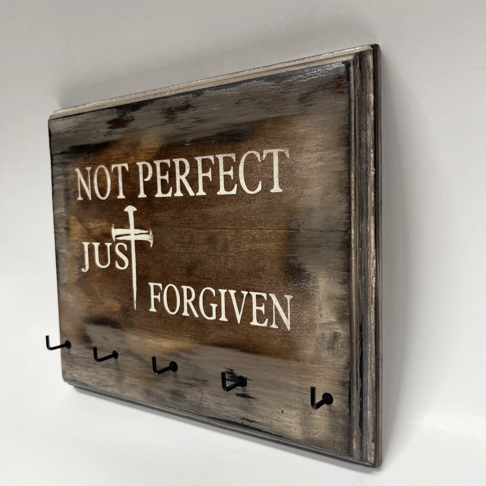 Rustic Finish Wood Sign Home Decor 5 Hooks Key Holder NOT PERFECT JUST FORGIVEN - Image 2 of 4
