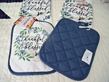 NEW Set 4 Blue White PUMPKIN KITCHEN TOWELS POTHOLDERS Thankful Blessed