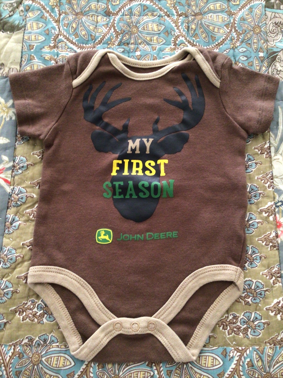 NWOT JOHN DEERE Brown Baby One Piece Short Sleeve Tshirt Snaps 3/6