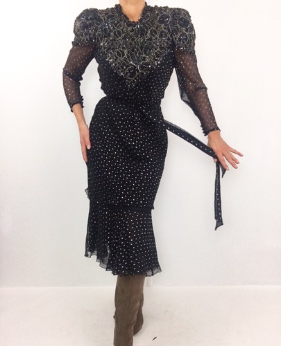 Vintage Judy Hornby Pure Silk Heavily Beaded Bodice Dress W/ Polka Dots Size M - Picture 2 of 13