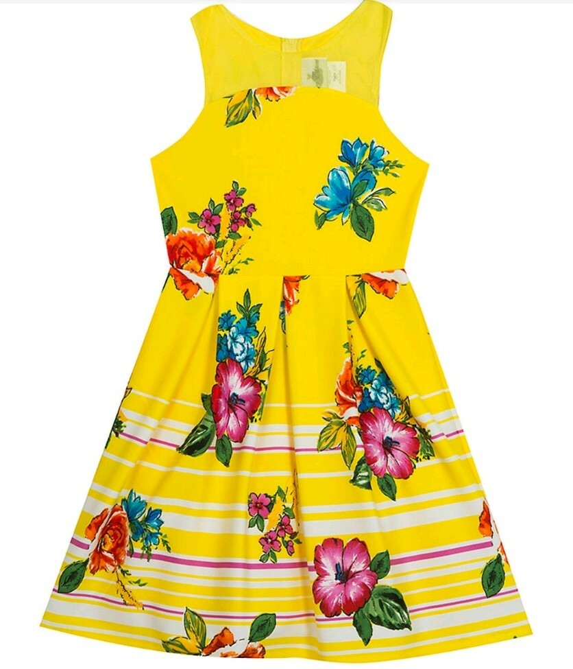 rare editions fit and flare dress Rare Editions Big Girl's Yellow Floral Scuba Fit & Flare Dress-Size-14