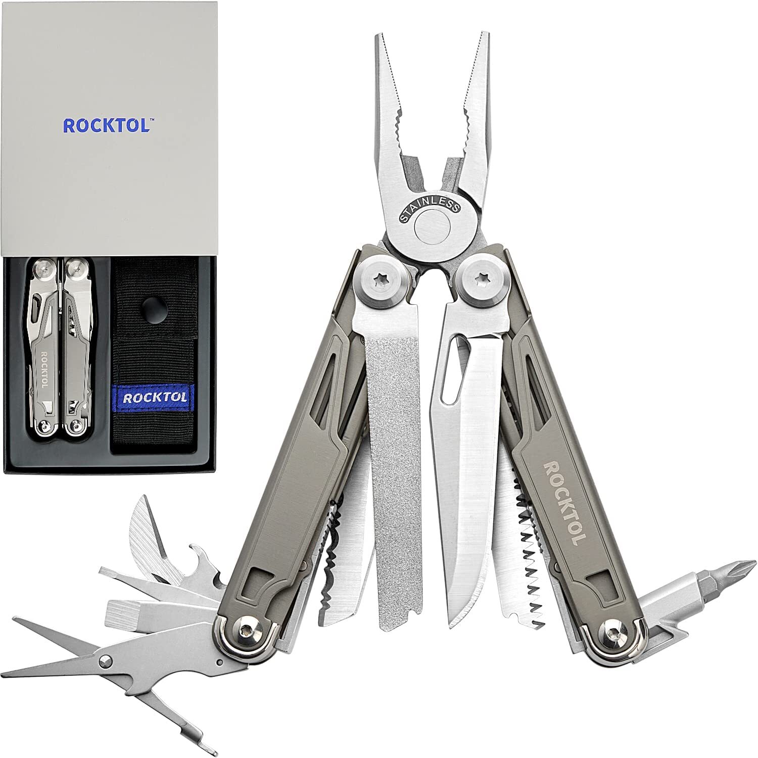 Multitool,19-in-1 Multitool Pliers with Titanium-plated Handle, Safety Lockin...
