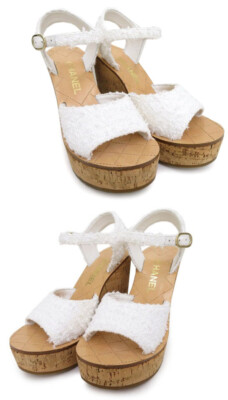 CHANEL 03C COCO マークリボン付 ベージュBICOLOR ミュール CHANEL 23C Tweed Interlocking CC Cork Wedges Platform