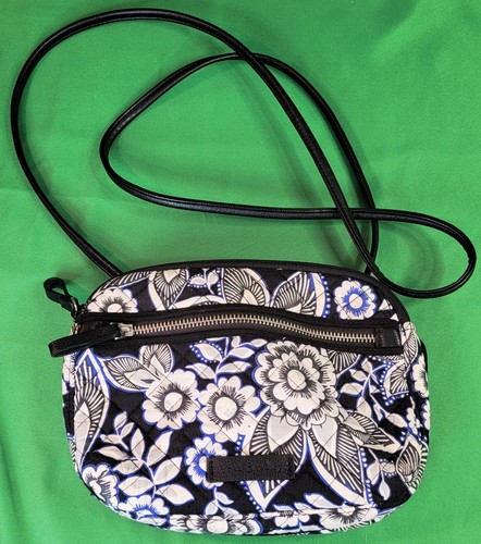 Vera Bradley Iconic Little Crossbody Snow Lotus Purse Quilted Blue Black White