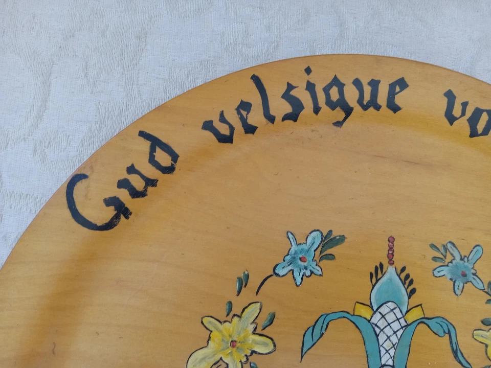 Hand Painted Vtg Tole Ware Norwegian Solid Wood Plate Tray Folk Art Gud Velsigue - Image 3 of 4
