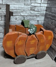 Large 17"x12"x8.5" Wood Folk Art Pumpkin Wagon Cart Halloween Prop Fall Decor