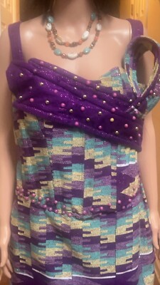 Kente Dress Printed In Purple Gold And Light Green Print With Beautiful Beads