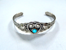 VINTAGE Small Vintage Childs Bell Nickel Silver Turquoise Cuff Bracelet