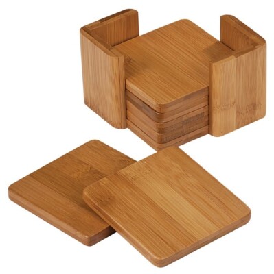 Bamboo Square 6-Coaster Set with Holder Round 3 3/4