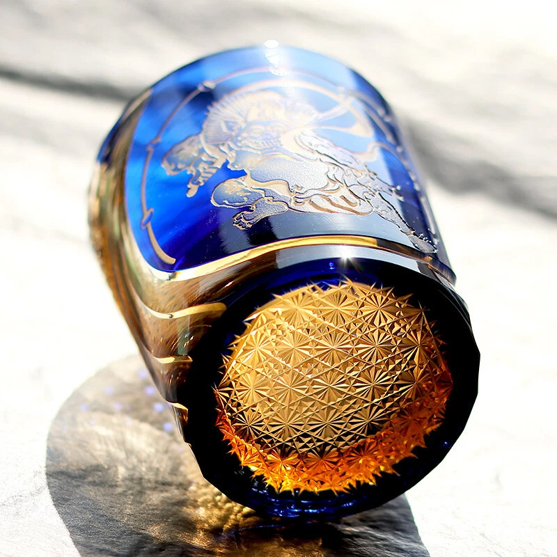 Vaso de vidrio de whisky estilo japonés vidrio Edo Kiriko cortado a mano para limpiar 9 oz azul Foto 3 de 4