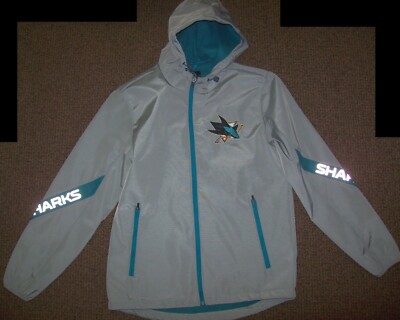 Sharks Jacket San Jose Hooded  GRAY with REFLECTIVE SHARK Logos  Small, Medium
