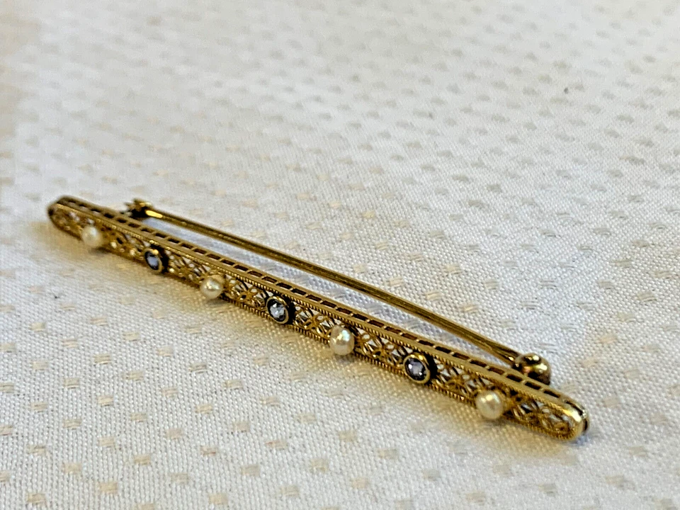 Broche De Colección Oro Amarillo 14K Semilla Perla 2.75g Joyería Fina Piedras Color Zafiro Foto 4 de 4