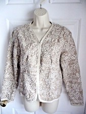 Chico's Size 1 Shirt Jacket Beige Cotton White Floral Embroidery Hooks Closure