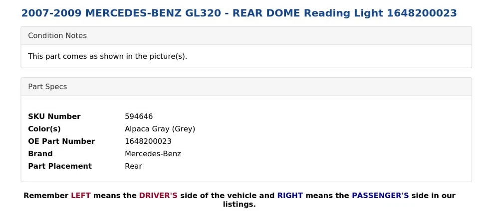 Luz de lectura Mercedes-Benz GL320 2007-2009 - DOMO TRASERO 1648200023 Foto 4 de 4