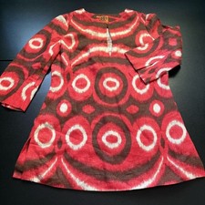 Tory burch linen tunic geometric fall size 6 side zip brown orange 3/4 sleeve