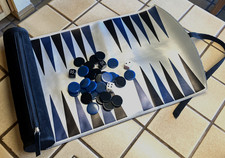ROLL-UP travel BACKGAMMON 15" SILVER METALLIC  BLACK SUEDE, TEAL  BLACK CHIPS