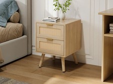 Bedside Cabinet Bedroom Table Sideboard Storage Nightstand Wood Rattan 2 PACK