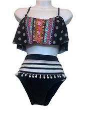 VTG O  rageous Small Bikini Ruffled Multicolor Top Black  White Fringed Bottoms