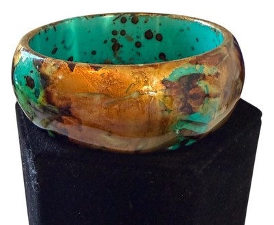 Chunky Lacquered Bangle Bracelet Turquoise Copper Abstract Splatter Wide Large