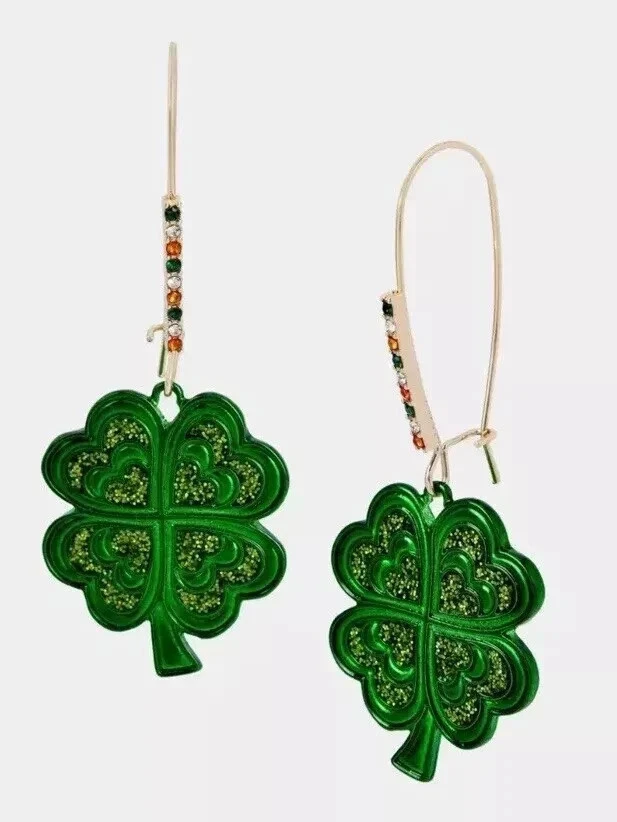 Betsey Johnson Trébol Pendientes Colgantes Cuatro Hojas Trébol Verde Corazón Disfraz NUEVO Foto 3 de 4