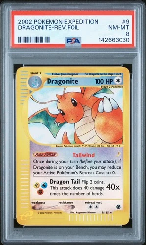 2002 POKEMON EXPEDITION #9 DRAGONITE-REVERSE FOIL PSA 8