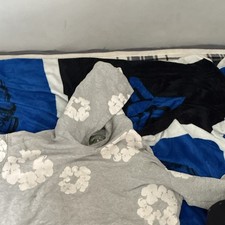 DENIM TEARS Gray Cotton Knit Hoodie White Floral Graphic Print Hooded Pullover