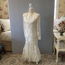 VTG Jessica McClintock Wedding Gown High Collar Lace Satin Bib Hi Lo Hem Sz 7