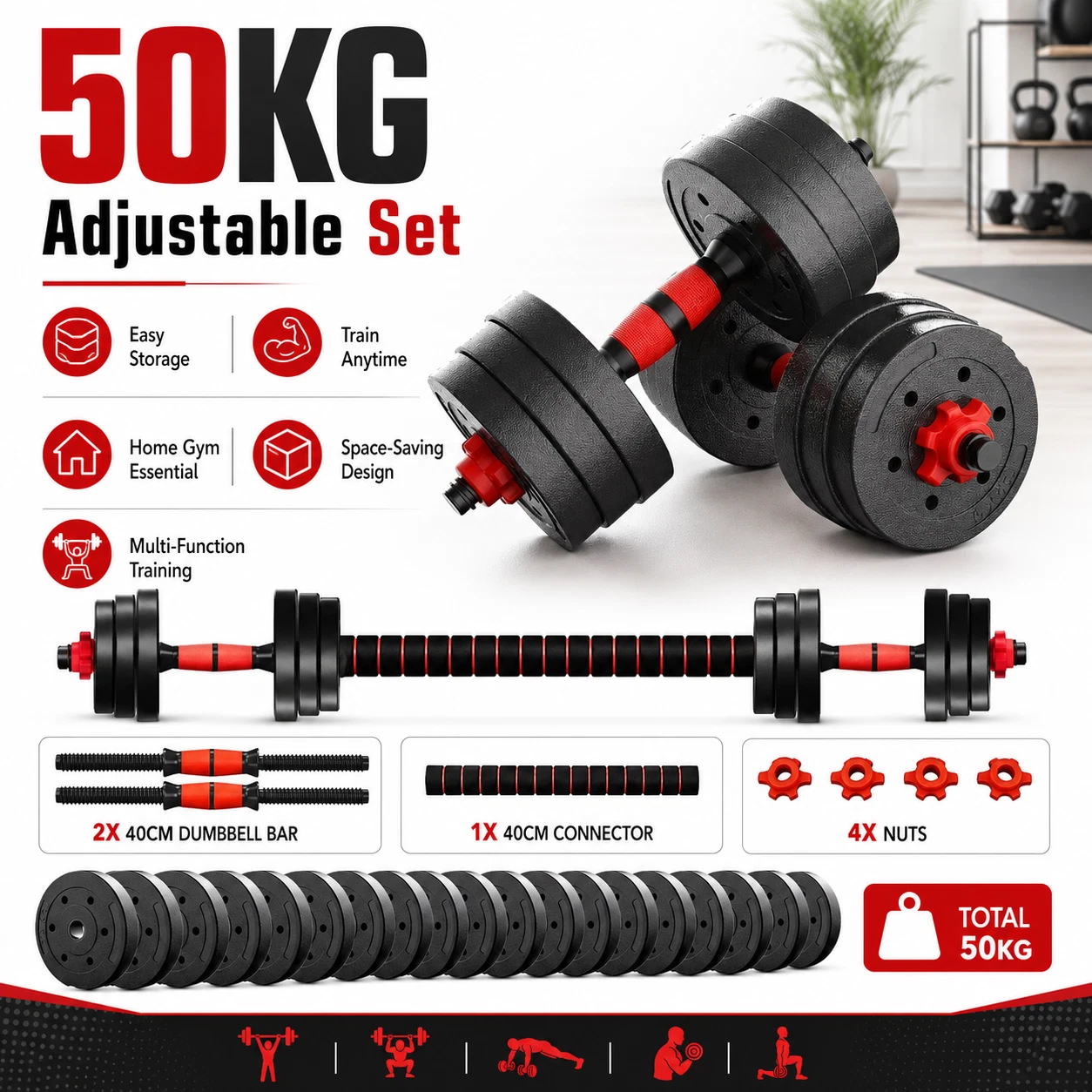 Adjustable Dumbbell Barbell Workout 50KG Weights Set 6-in-1 Home Gym