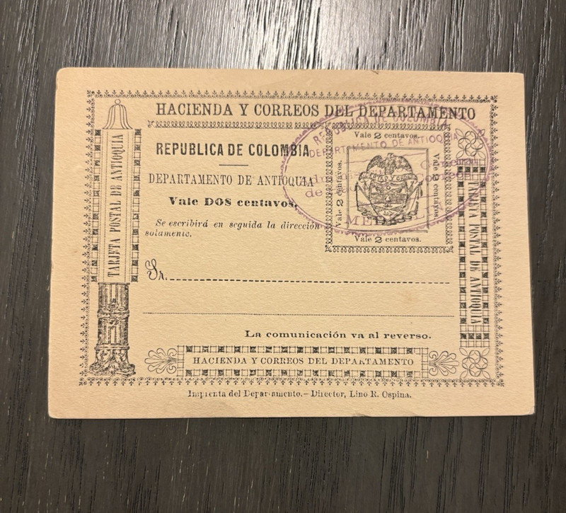 COLOMBIA Postal Stationery Card Antioquia 2 cent Antique Postcard