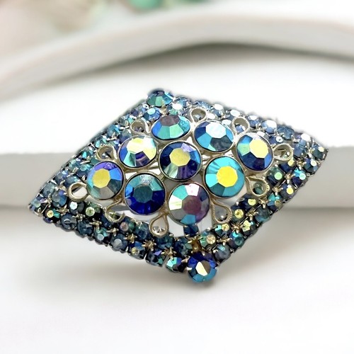 Blue AB Rhinestone Brooch Geometric Mid Century Modernist Statement Silver Tone - 第 11/15 張圖片