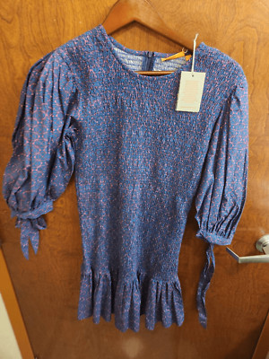 NWT Oliphant Morocco Smocked Tie Midi Dress In Navy And Pink sz Small