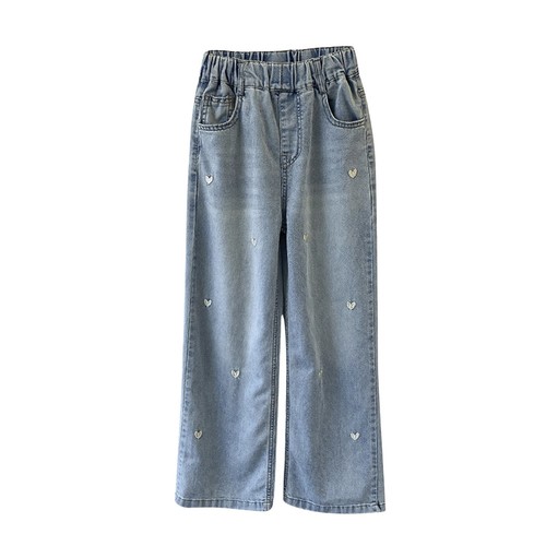 Mode für Mädchen, bestickte Hose, elastische Taille, weites Bein, Jeans, Neu - Bild 3 von 19