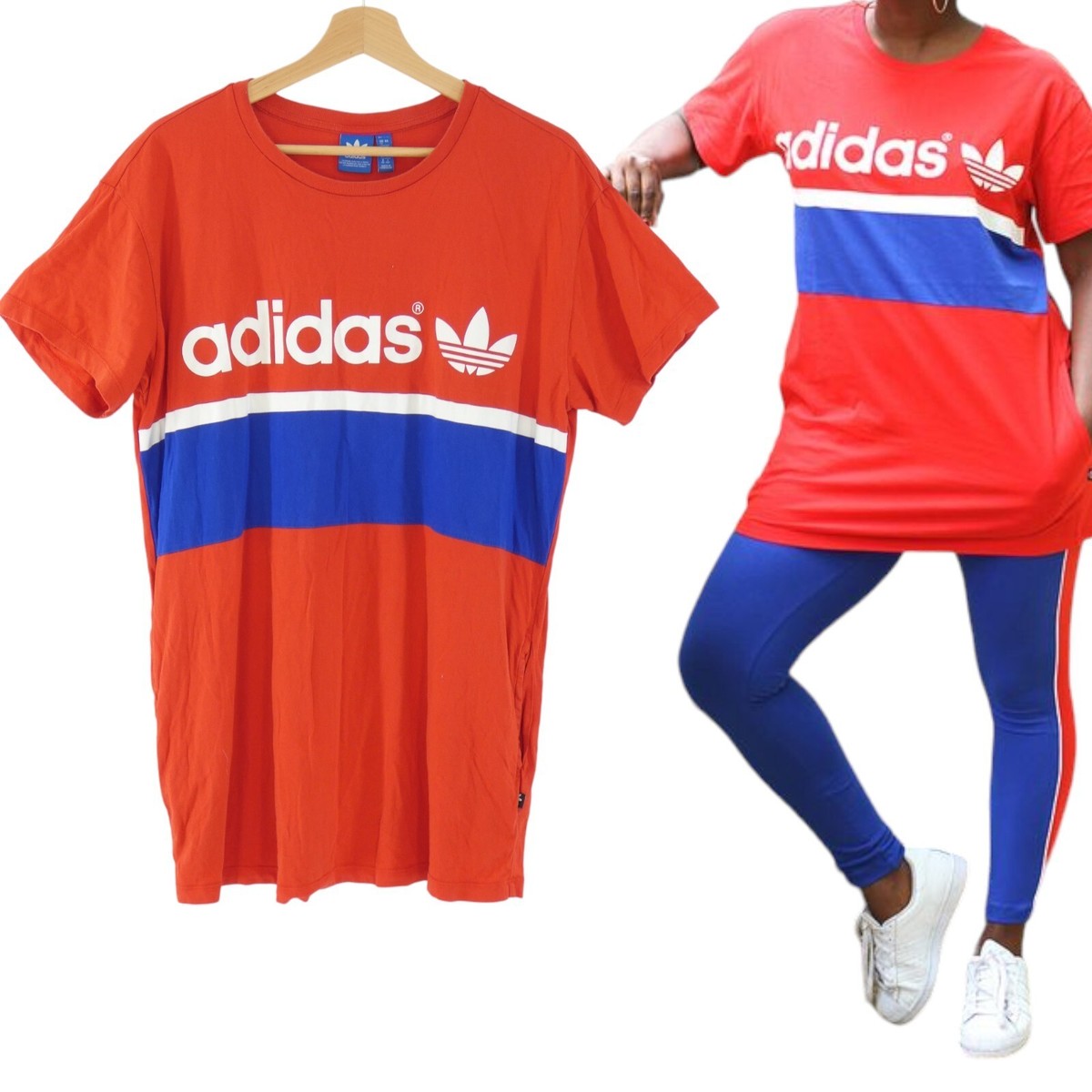 Adidas City Tee Dress Mini Red Blue Colourblock Trefoil Logo UK 12