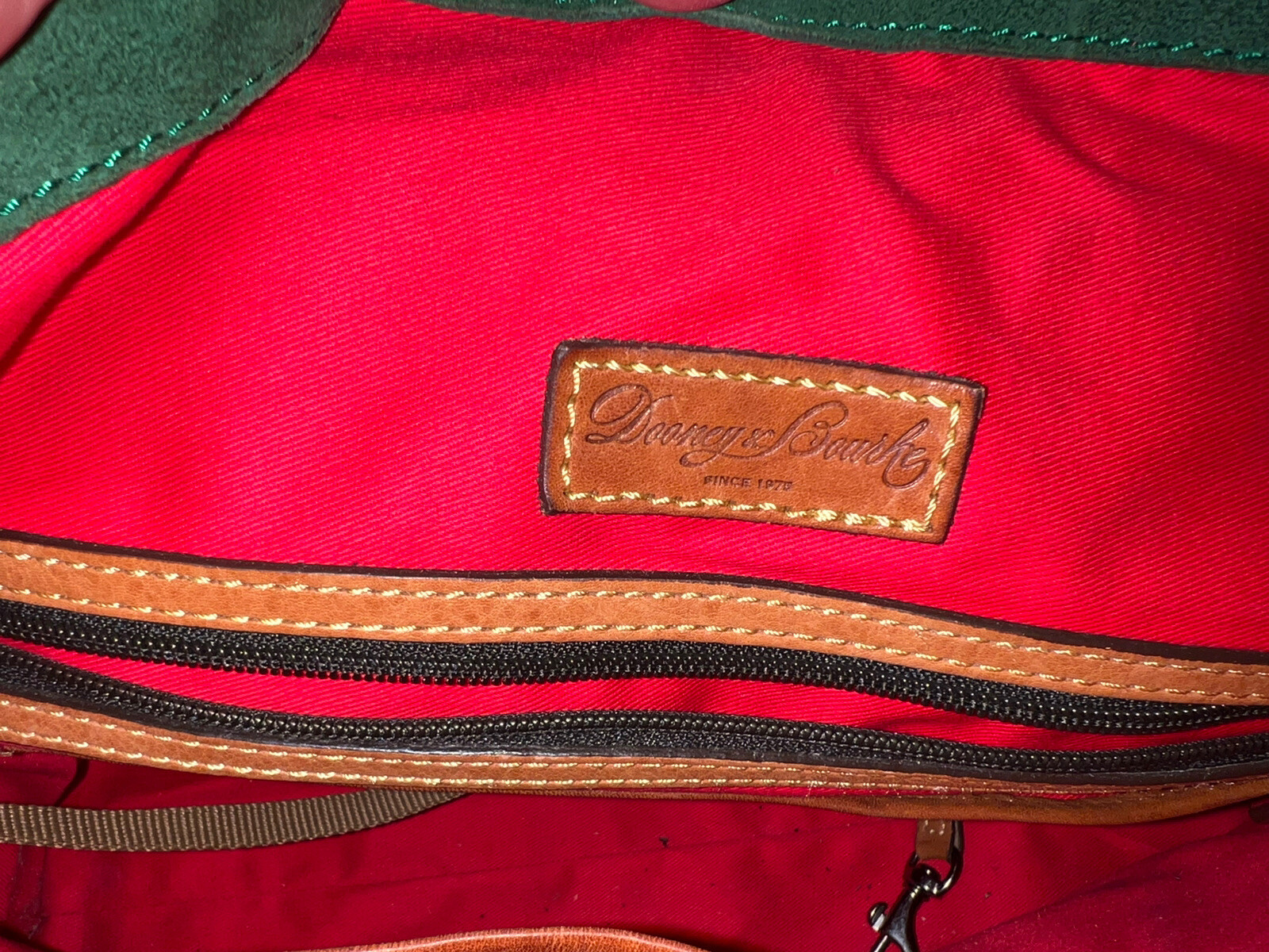 Vintage Beautiful Dooney and Bourke Tan Tassel Red & Green Interior HandBag image 6