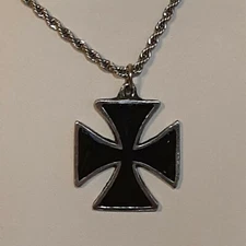 IRON CROSS  Pewter Pendant Charm / 24" STAINLESS ROPE CHAIN NECKLACE