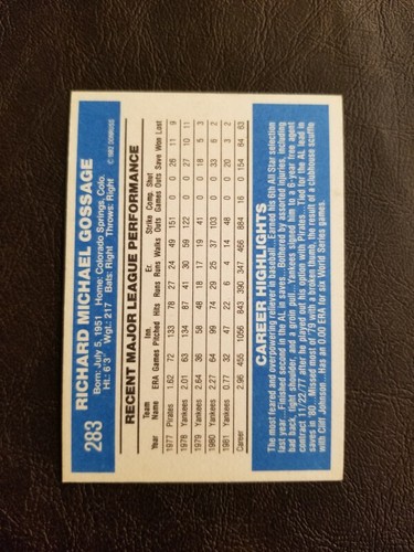 RICH GOSSAGE 1982 DONRUSS BASEBALL CARD #283 NEW YORK YANKEES - Picture 2 of 2