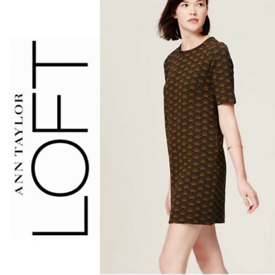 $89 LOFT Ann Taylor Olive Green Fan Print Short Sleeve Knit Shift Dress--XS  P | eBay