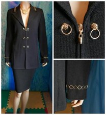 St John Collection Knits Black Jacket Skirt L 10 12 2pc Suit Gold Ring Trims