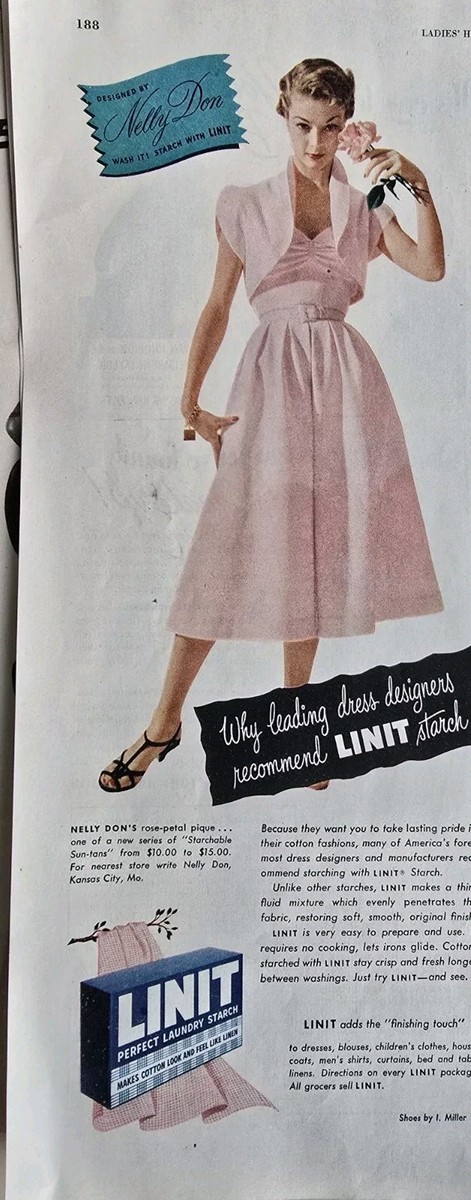 1950 Linit laundry starch Jean Patchett Women's Nelly Don Pink dress  vintage ad