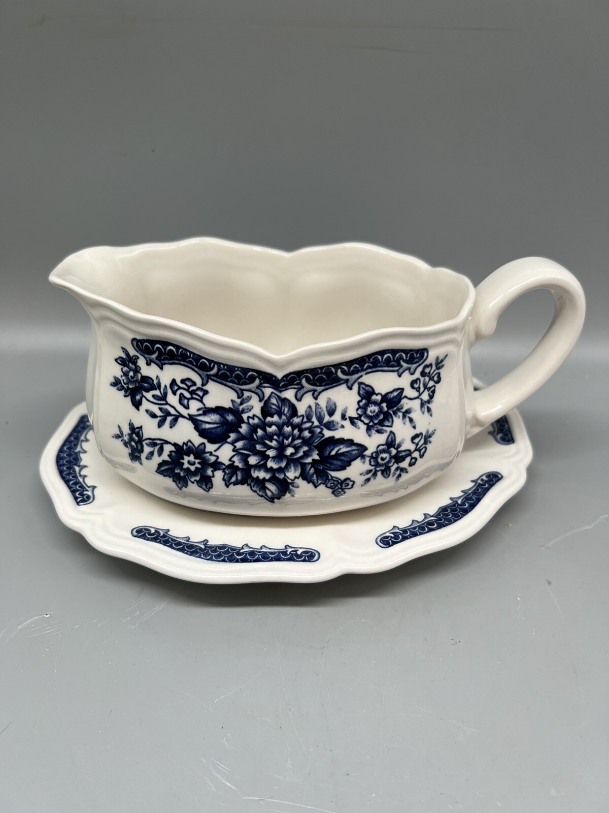 Blue Carnation Ironstone Gravy Sauce Boat With Japan Vtg Serving Dish