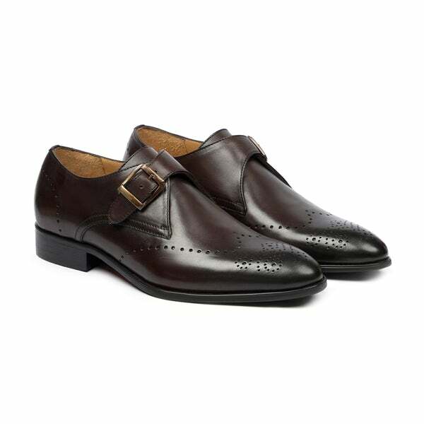 Handmade Men Brown Leather Brogue Single Monk Shoes, Dress  display picture 1