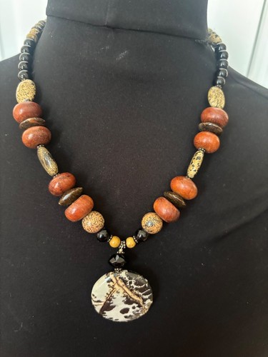 Handcrafted Earthy Gemstone Beaded Necklace W/ Pendant & Matching Earrings Set A - Picture 9 of 10