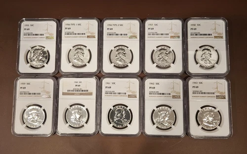 1955 - 63 Franklin Half Dollar Proof Set NGC PF 69 (10 Coins)